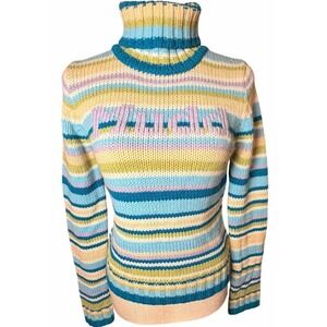 Mudd Y2K Logo Chunky Knit Striped Turtleneck Sweater Womens M Pastel Teal Purple